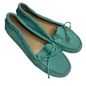 Talbots Becca Tie Driving Moccasins Shoes Suede Leather Teal Blue Loafers SZ 9.5